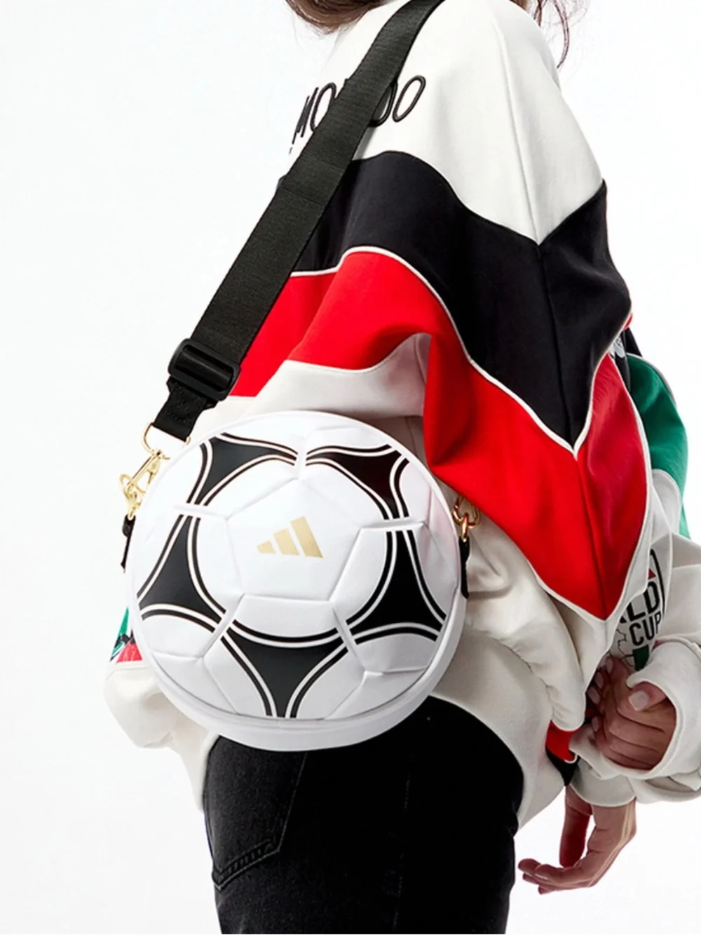 adidas White and Black Soccer Ball Crossbody Bag with Gold Accent